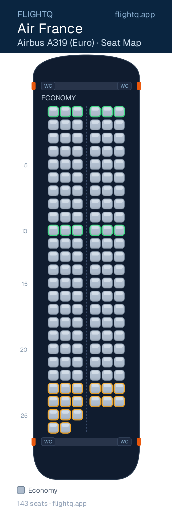 Air France Airbus A319 seat map with 143 seats — best seats and rows to avoid