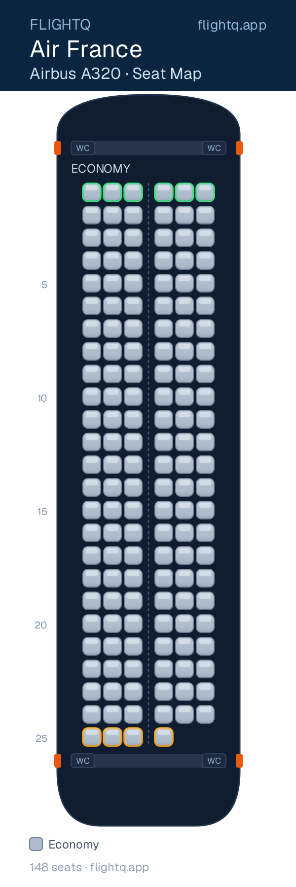 Air France Airbus A320 seat map with 148 seats — best seats and rows to avoid