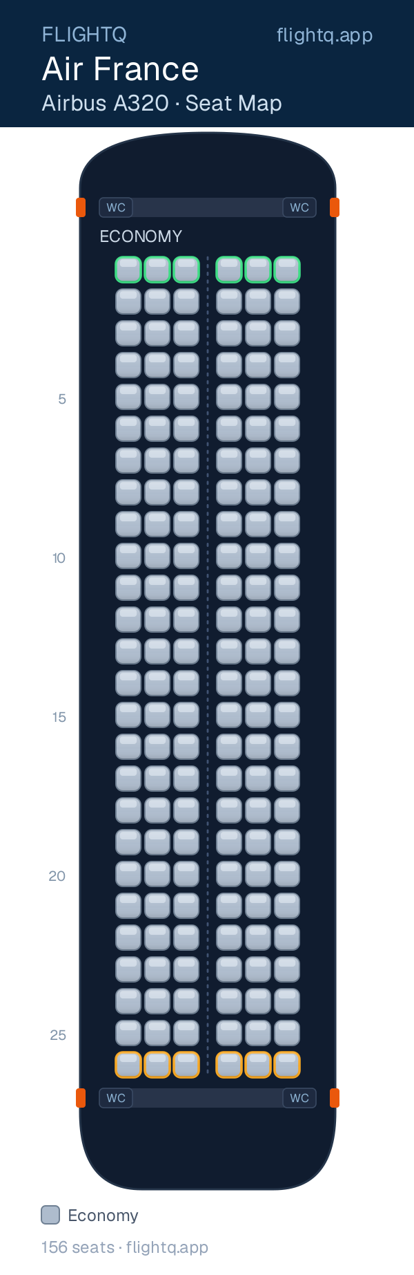 Air France Airbus A320 seat map with 156 seats — best seats and rows to avoid