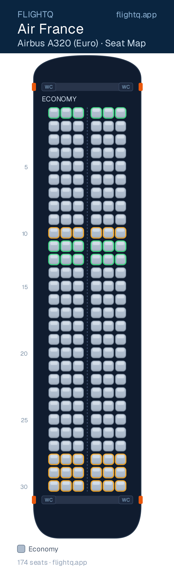 Air France Airbus A320 seat map with 174 seats — best seats and rows to avoid