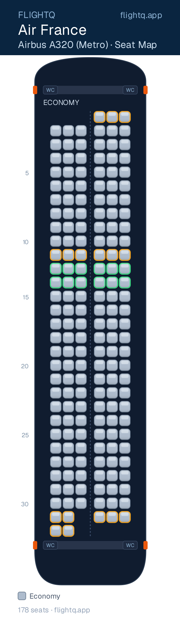 Air France Airbus A320 seat map with 178 seats — best seats and rows to avoid