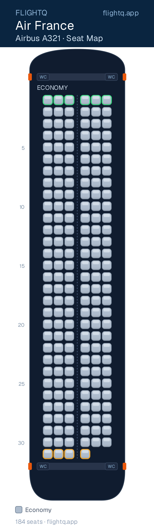 Air France Airbus A321 seat map with 184 seats — best seats and rows to avoid