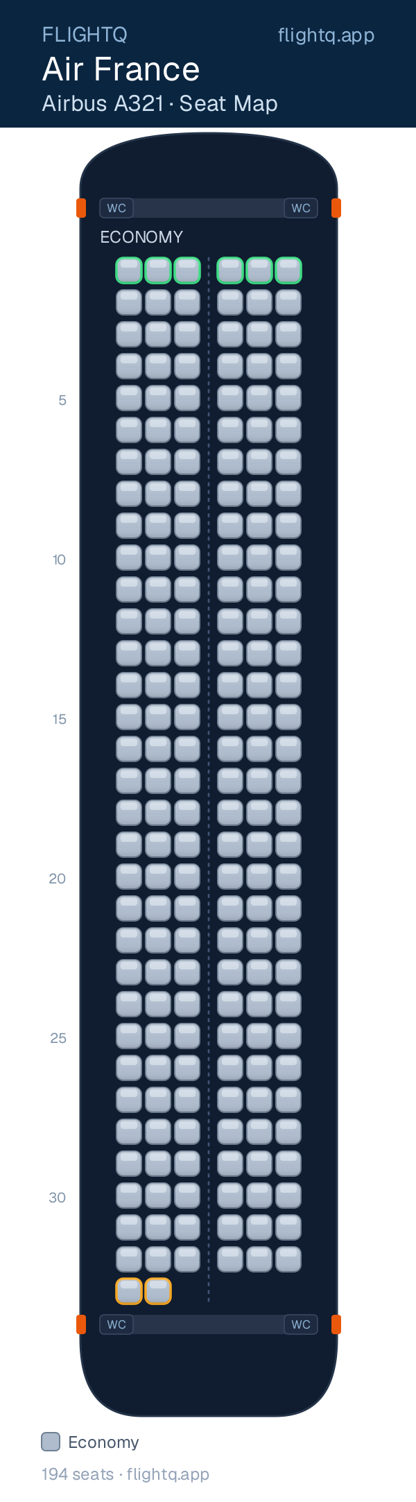 Air France Airbus A321 seat map with 194 seats — best seats and rows to avoid