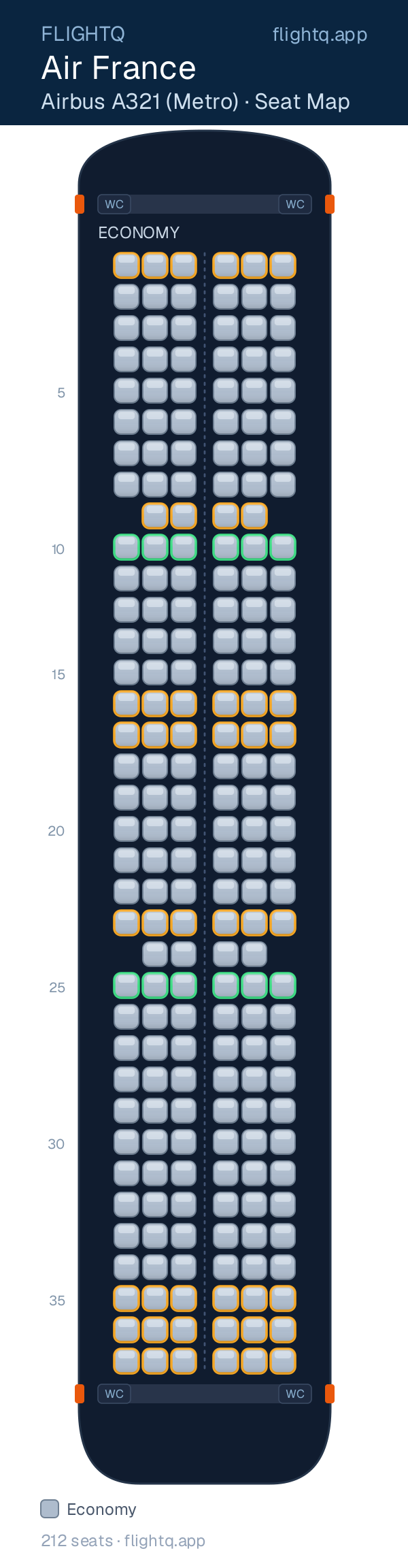 Air France Airbus A321 seat map with 212 seats — best seats and rows to avoid