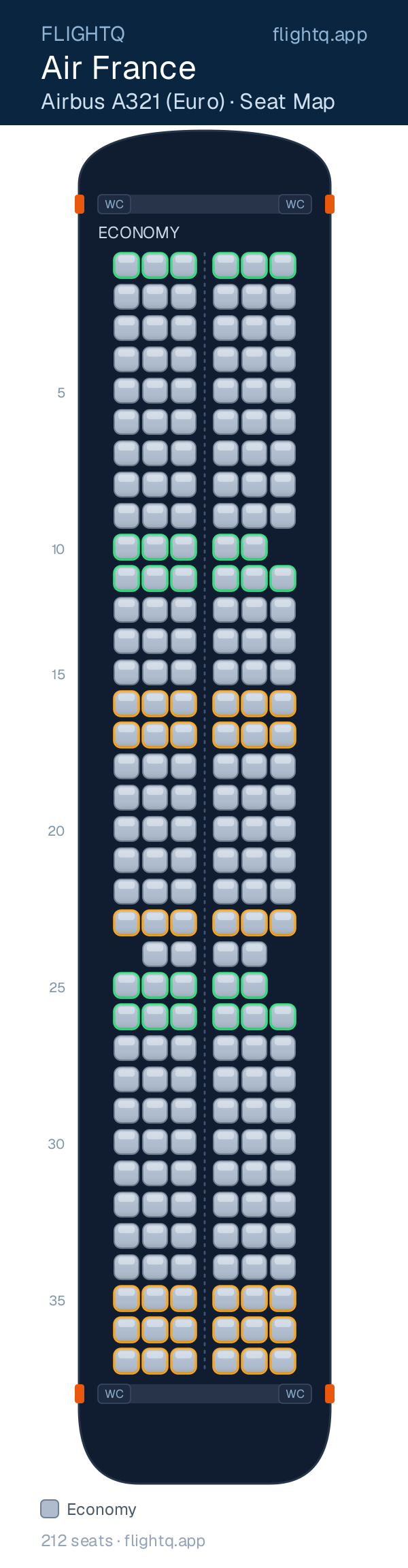Air France Airbus A321 seat map with 212 seats — best seats and rows to avoid