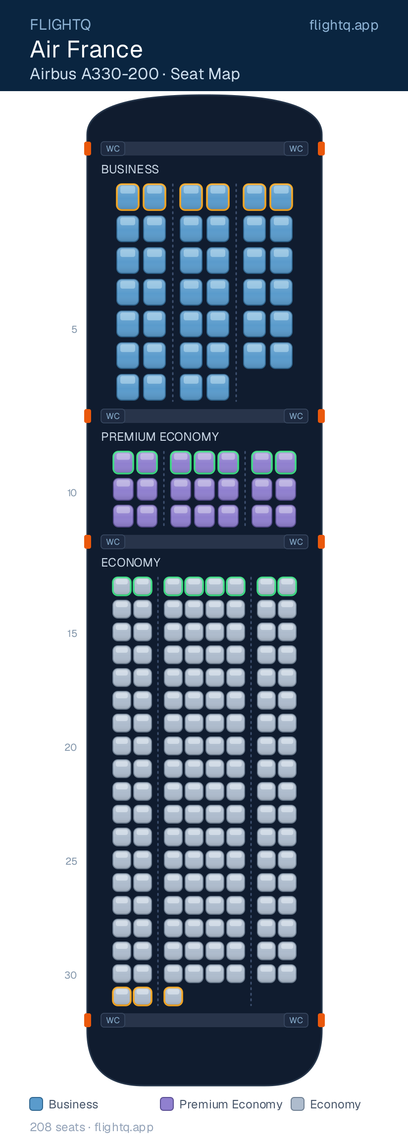 Air France Airbus A330-200 seat map with 208 seats across 3 cabins — best seats and rows to avoid
