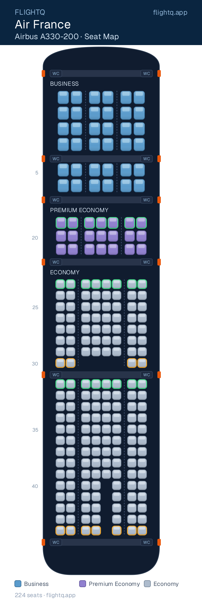 Air France Airbus A330-200 seat map with 224 seats across 3 cabins — best seats and rows to avoid