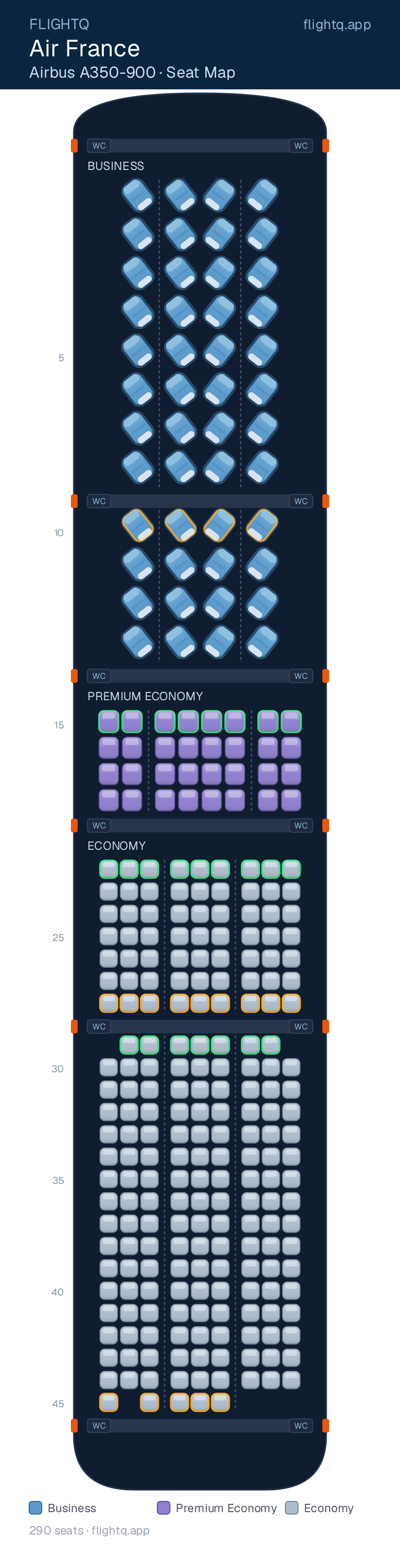 Air France Airbus A350-900 seat map with 290 seats across 3 cabins — best seats and rows to avoid