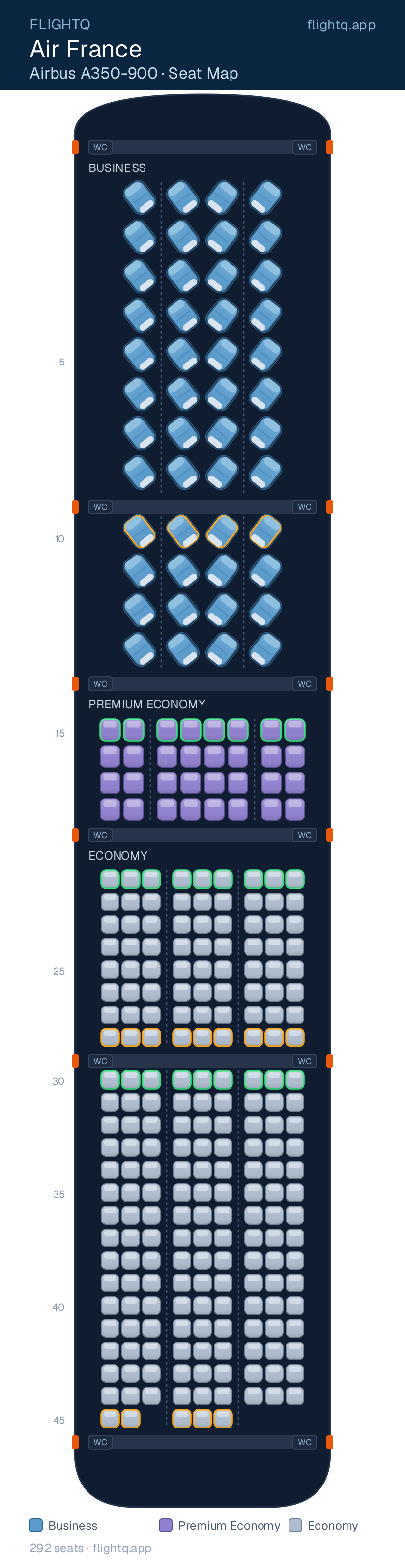 Air France Airbus A350-900 seat map with 292 seats across 3 cabins — best seats and rows to avoid