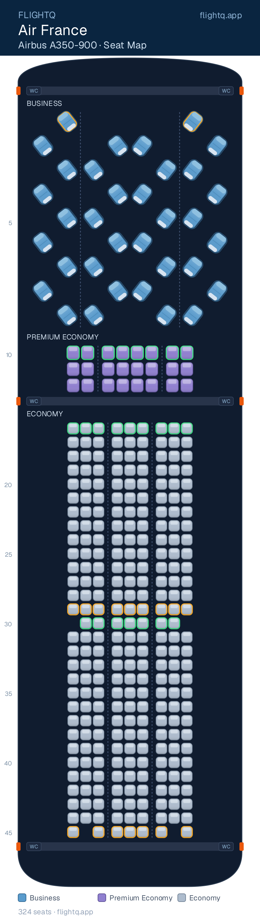 Air France Airbus A350-900 seat map with 324 seats across 3 cabins — best seats and rows to avoid