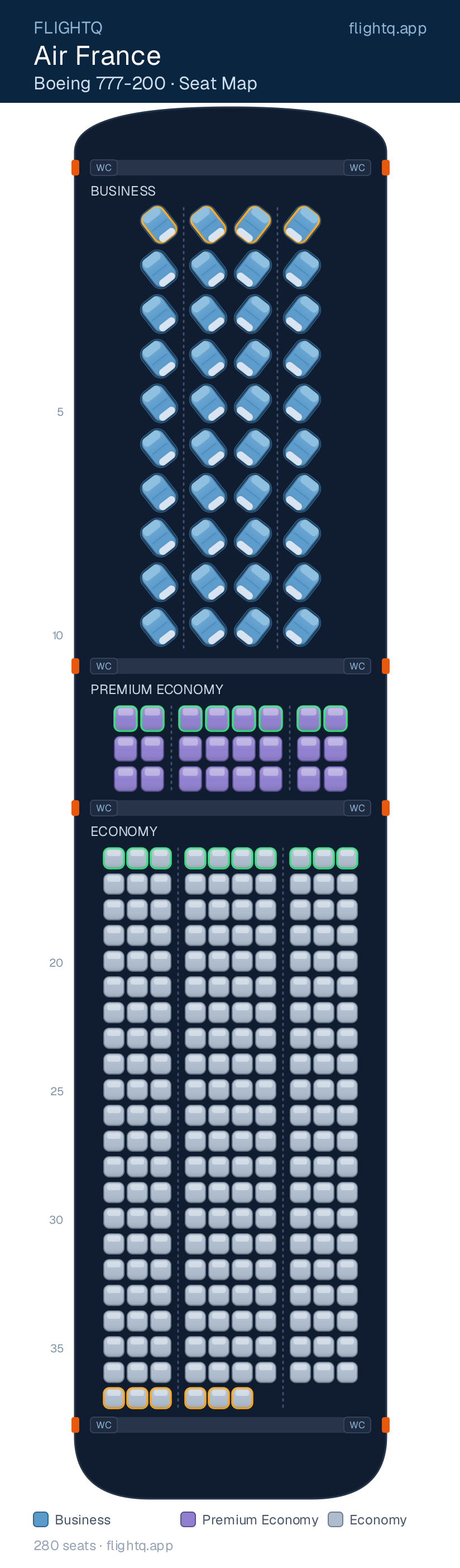 Air France Boeing 777-200 seat map with 280 seats across 3 cabins — best seats and rows to avoid