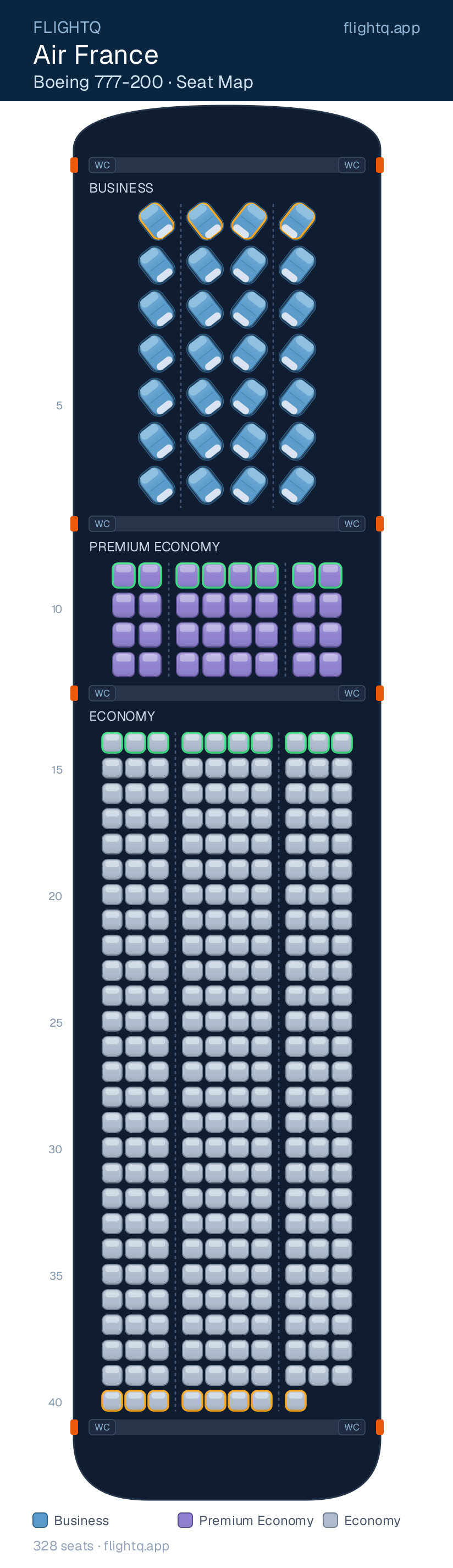 Air France Boeing 777-200 seat map with 328 seats across 3 cabins — best seats and rows to avoid