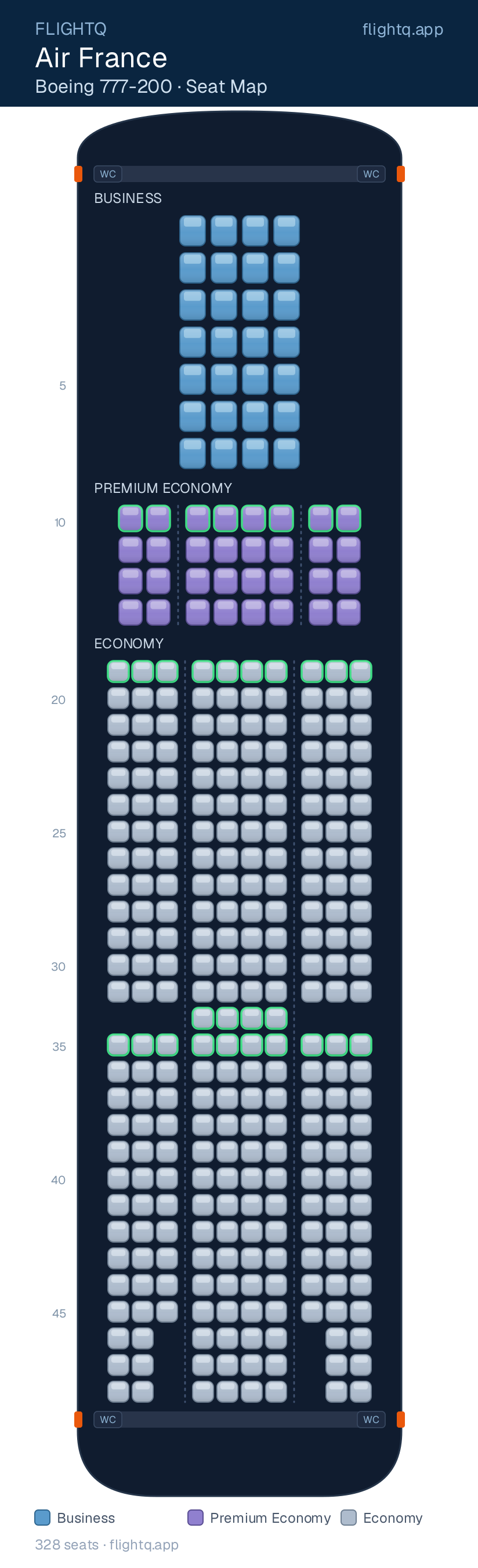 Air France Boeing 777-200 seat map with 328 seats across 3 cabins — best seats and rows to avoid