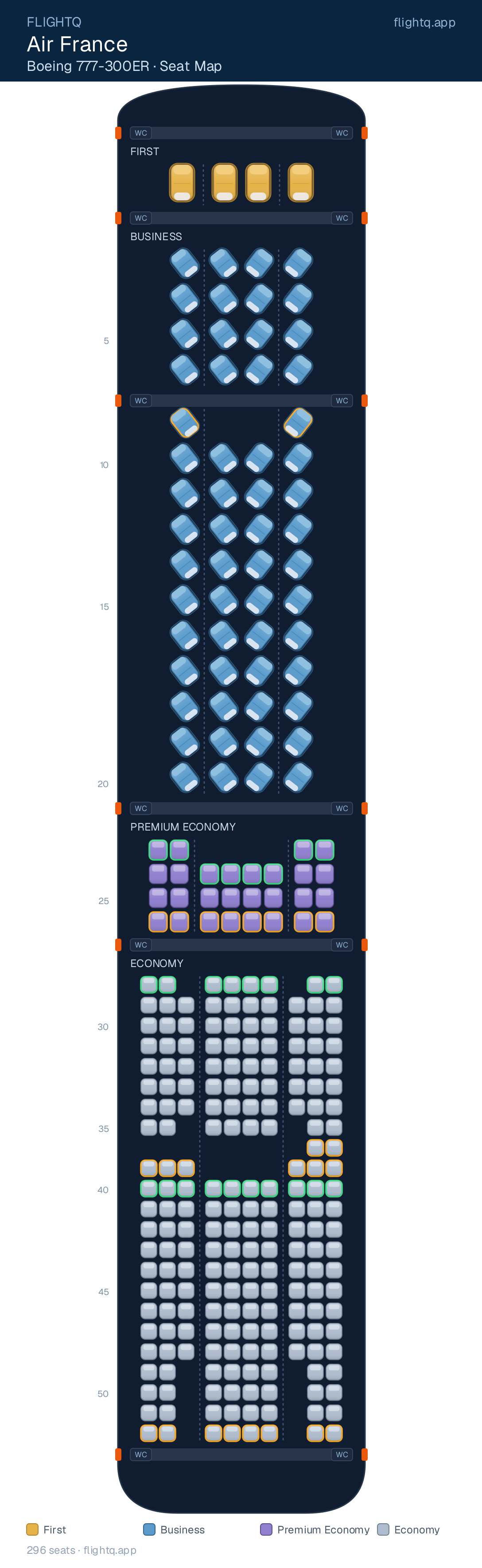 Air France Boeing 777-300ER seat map with 296 seats across 4 cabins — best seats and rows to avoid