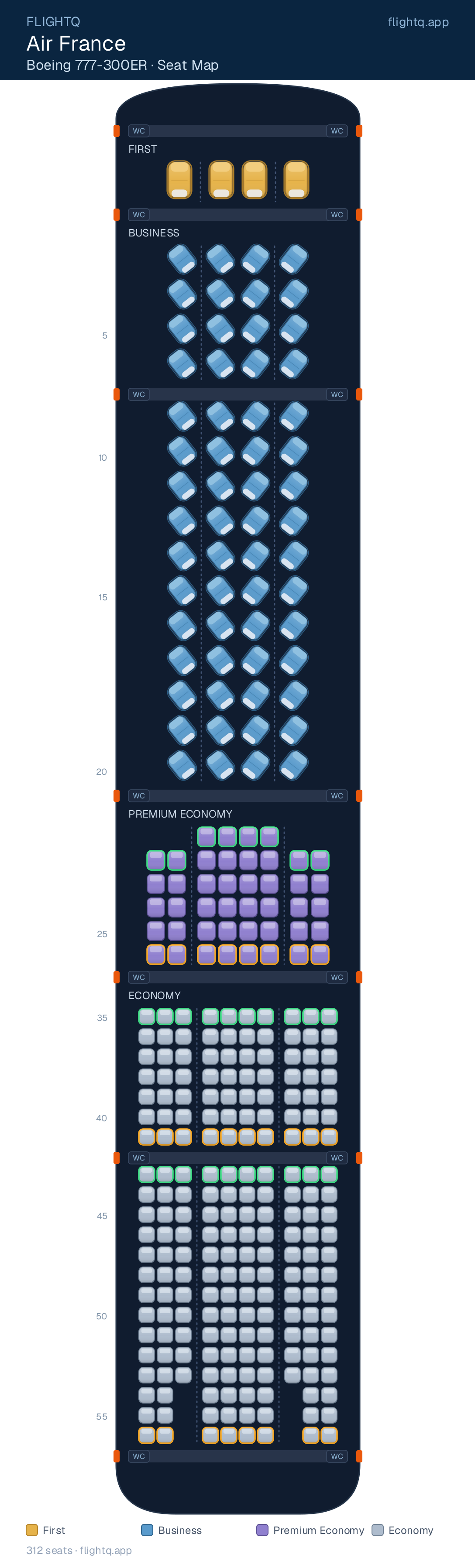 Air France Boeing 777-200 seat map with 312 seats across 4 cabins — best seats and rows to avoid