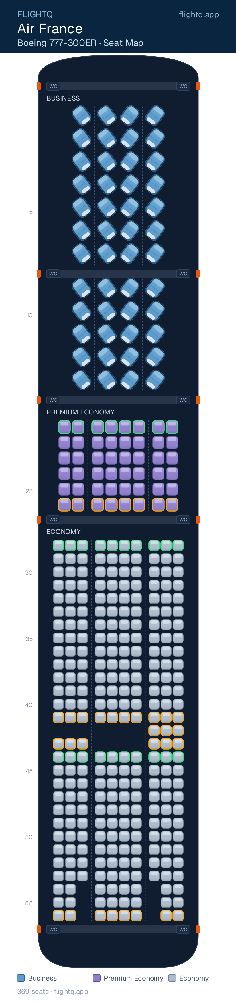 Air France Boeing 777-300ER seat map with 369 seats across 3 cabins — best seats and rows to avoid