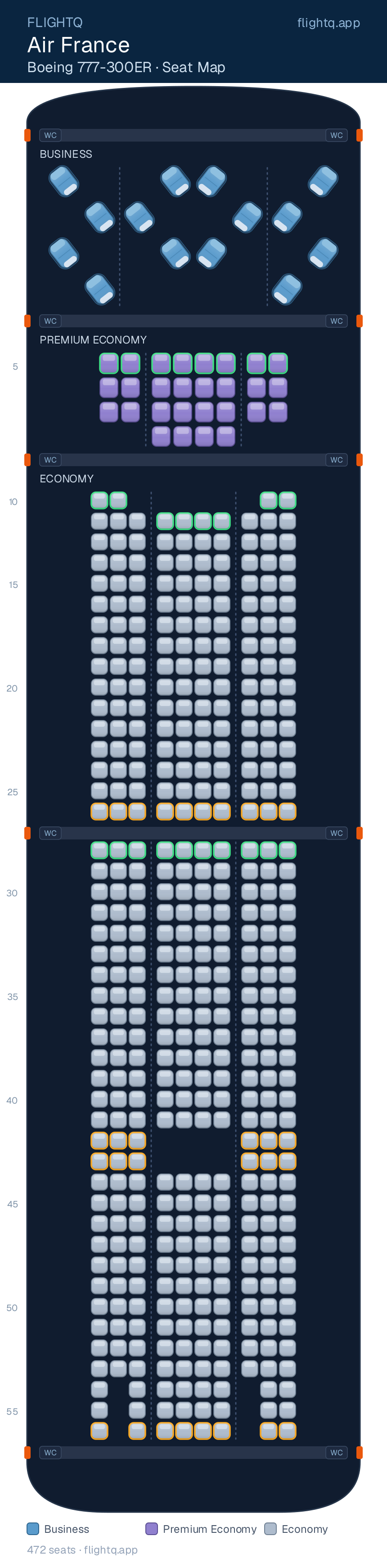 Air France Boeing 777-300ER seat map with 472 seats across 3 cabins — best seats and rows to avoid