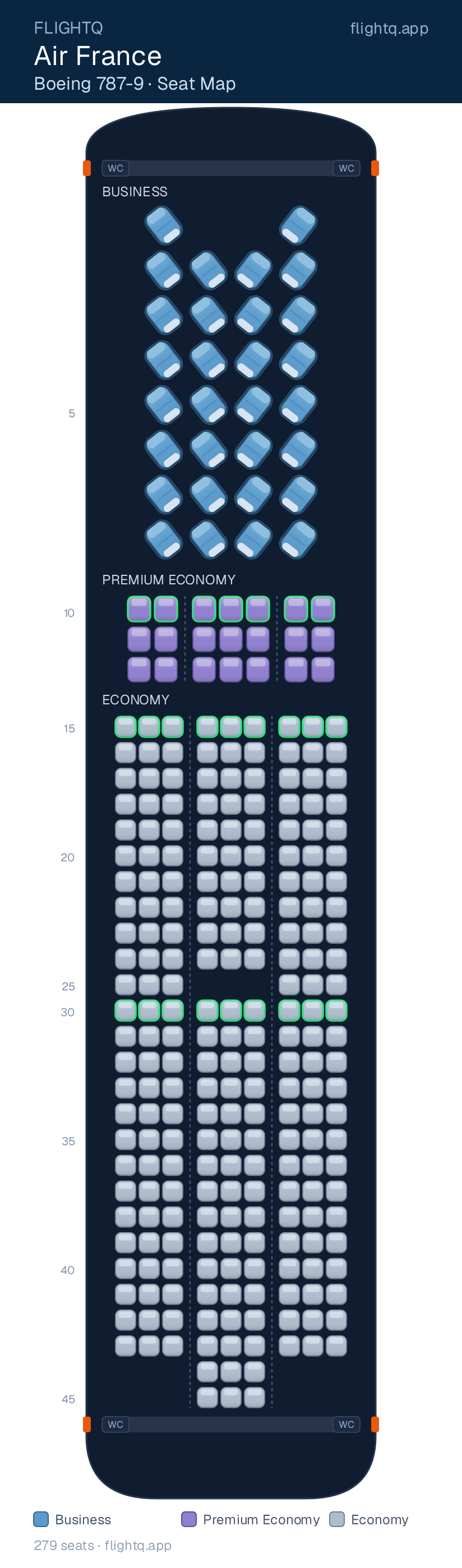 Air France Boeing 787-9 Dreamliner seat map with 279 seats across 3 cabins — best seats and rows to avoid