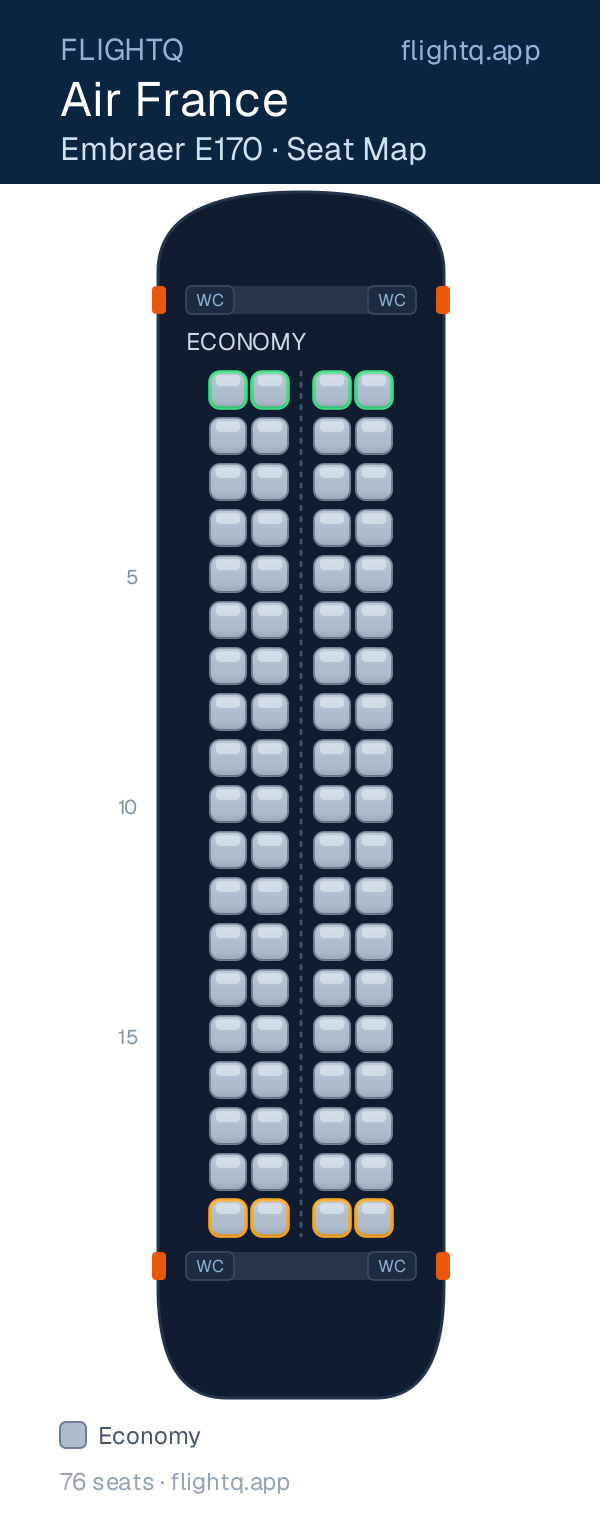 Air France Embraer E170 seat map with 76 seats — best seats and rows to avoid