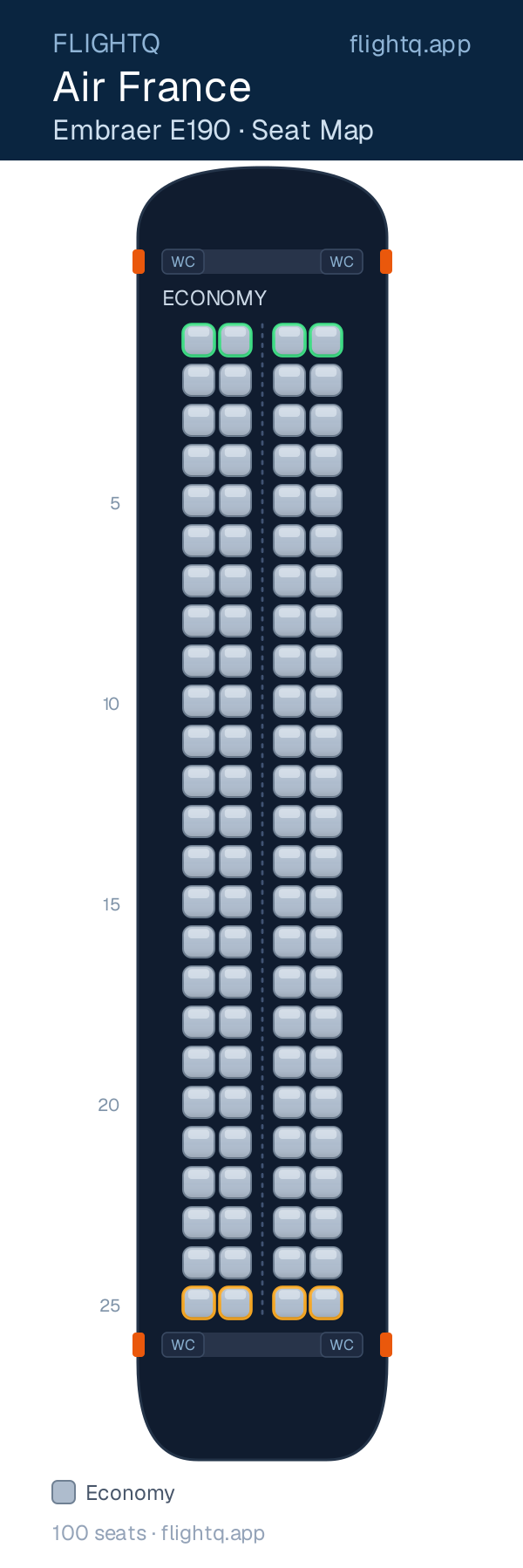 Air France Embraer E190 seat map with 100 seats — best seats and rows to avoid