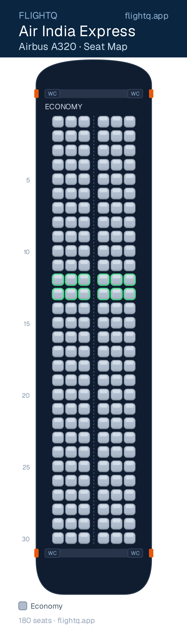 Air India Express Airbus A320 seat map with 180 seats — best seats and rows to avoid