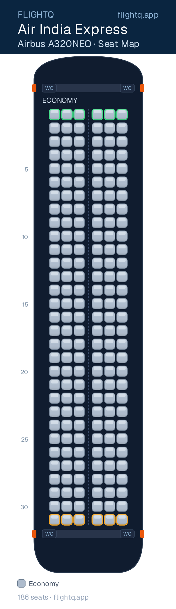 Air India Express Airbus A320NEO seat map with 186 seats — best seats and rows to avoid