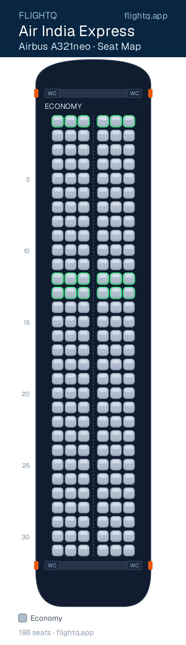 Air India Express Airbus A321neo seat map with 186 seats — best seats and rows to avoid