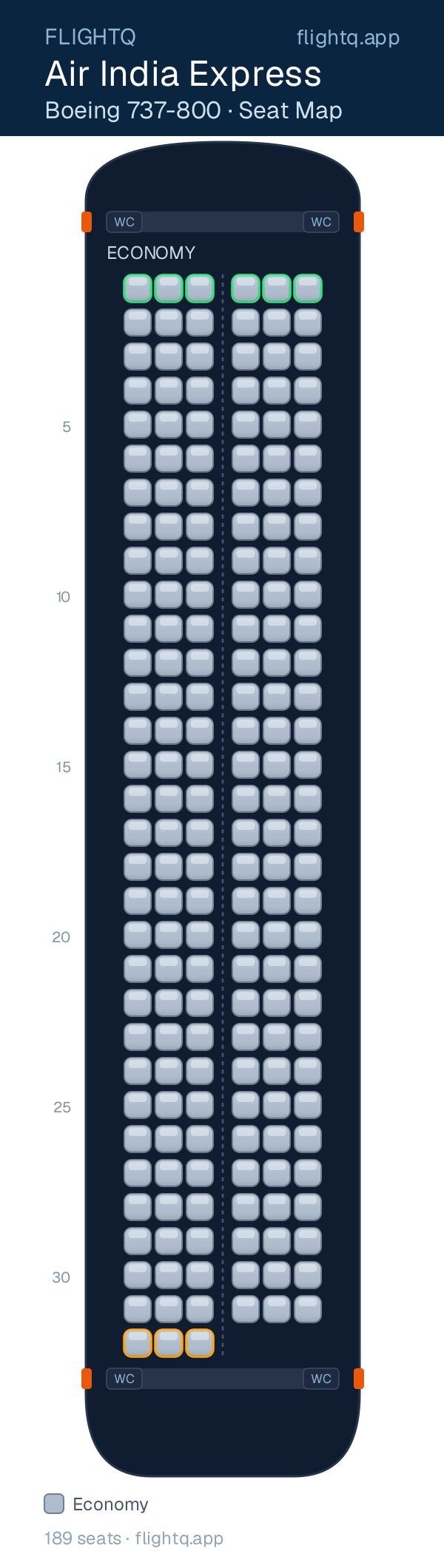 Air India Express Boeing 737-800 seat map with 189 seats — best seats and rows to avoid