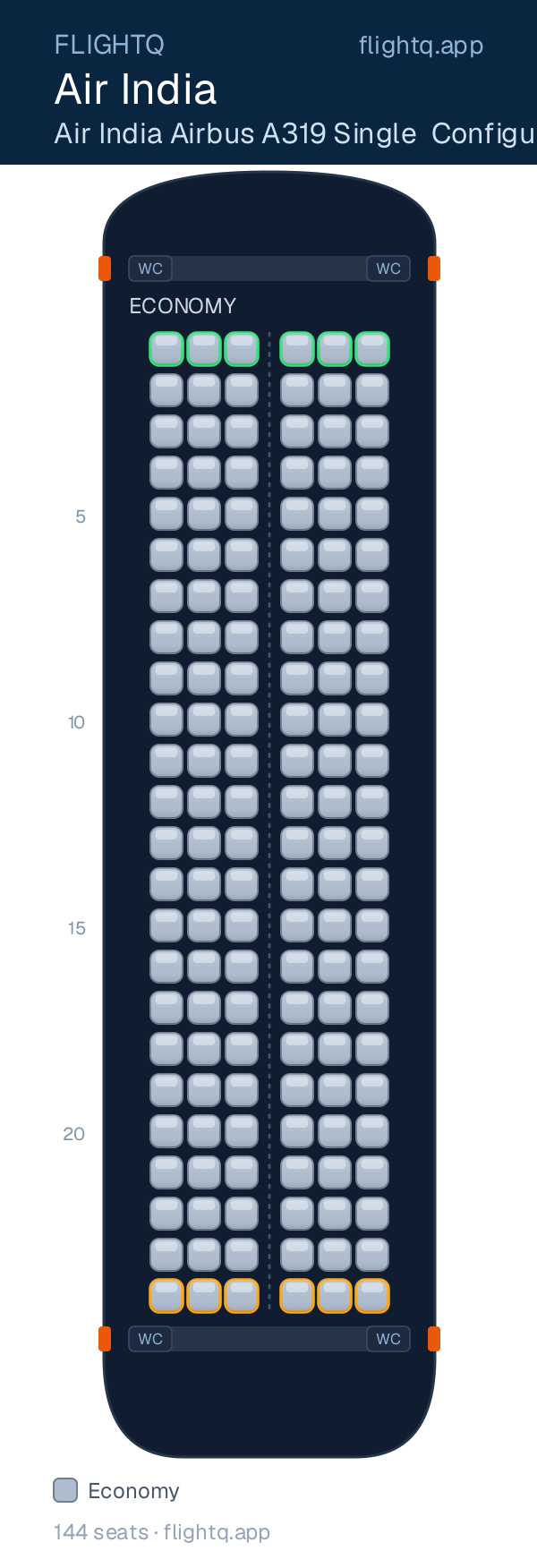 Air India Airbus A319 seat map with 144 seats — best seats and rows to avoid