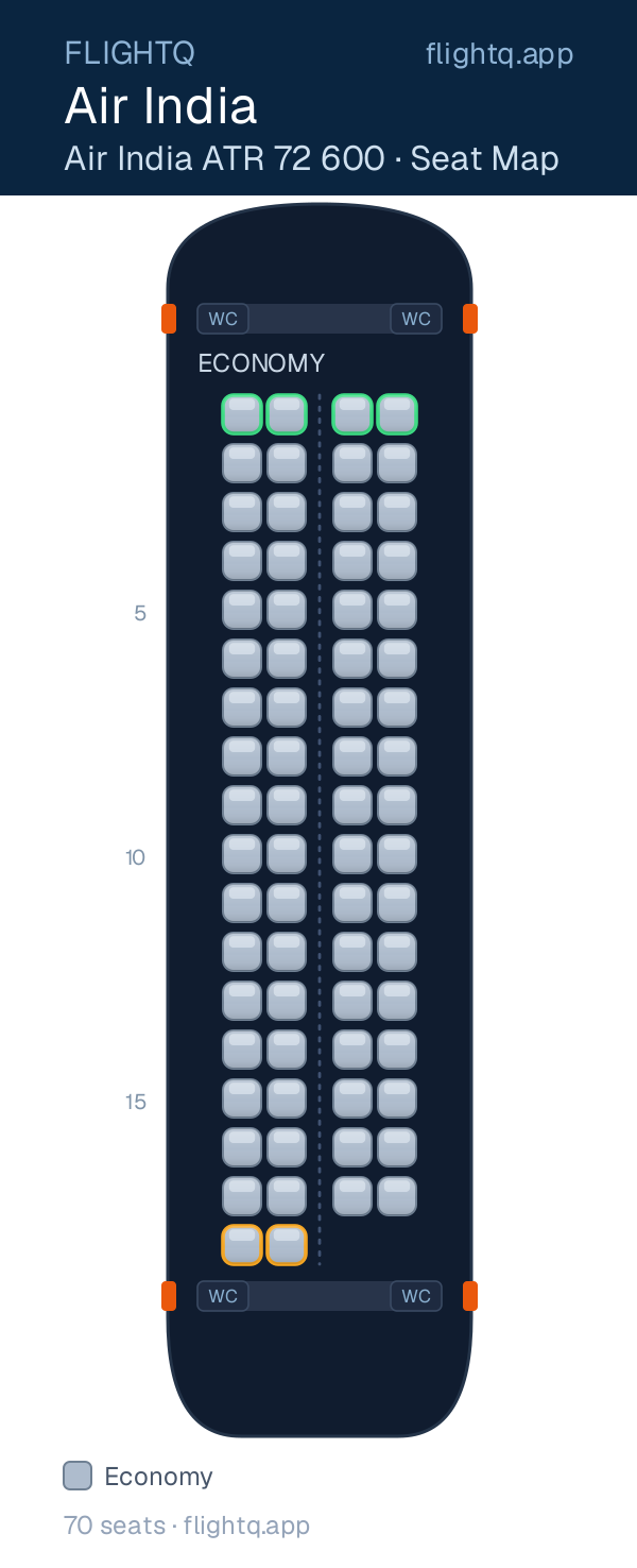 Air India Air India ATR 72 600 seat map with 70 seats — rows to avoid