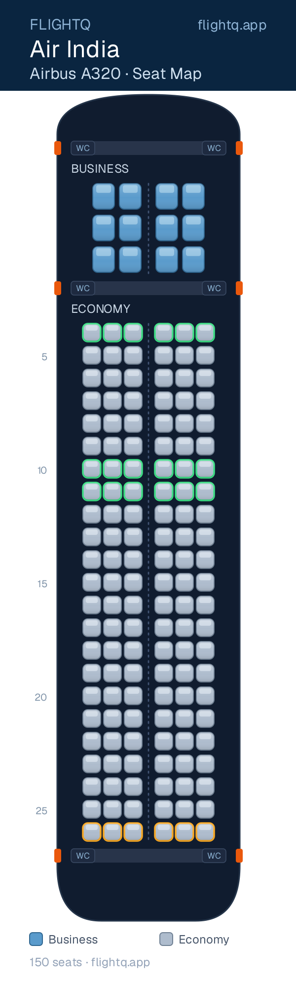Air India Airbus A320 seat map with 150 seats across 2 cabins — best seats and rows to avoid