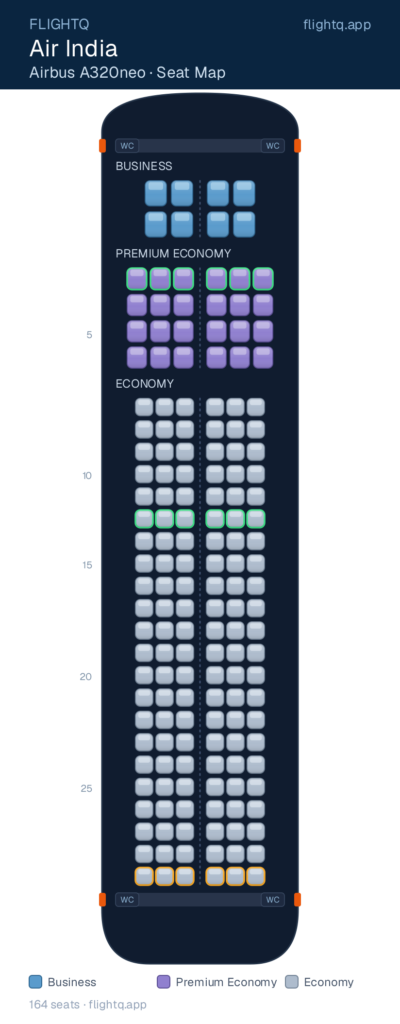 Air India Airbus A320neo seat map with 164 seats across 3 cabins — best seats and rows to avoid