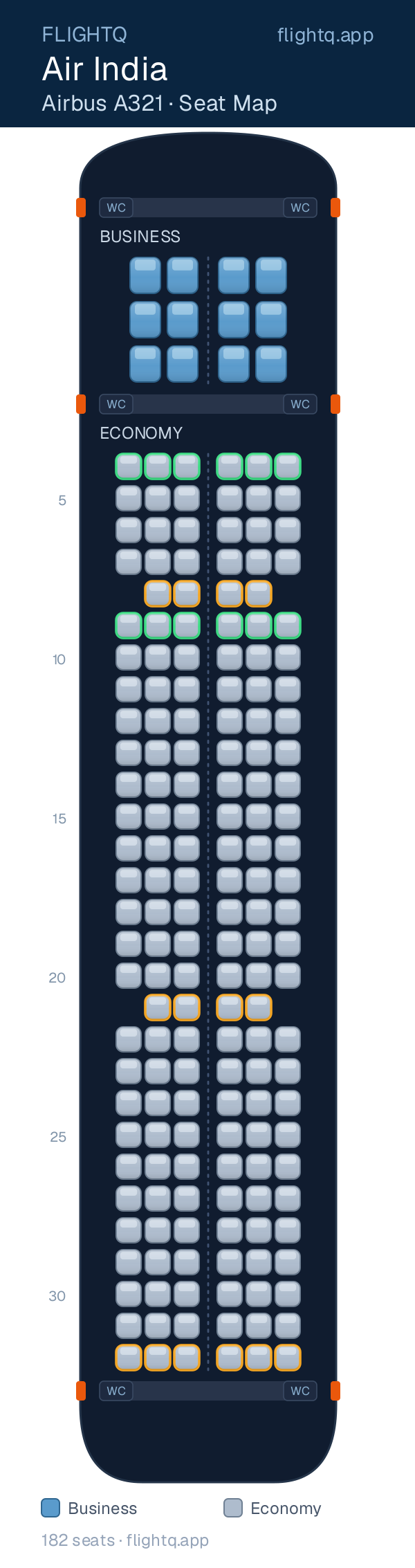 Air India Airbus A321 seat map with 182 seats across 2 cabins — best seats and rows to avoid
