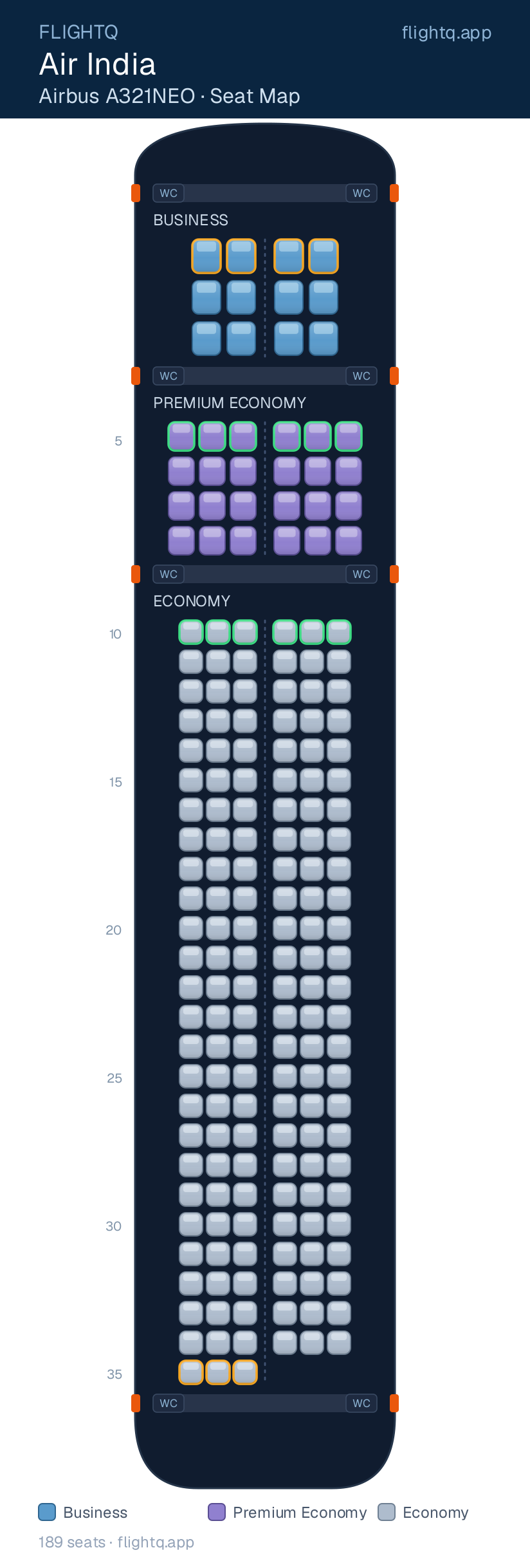 Air India Airbus A321NEO seat map with 189 seats across 3 cabins — best seats and rows to avoid