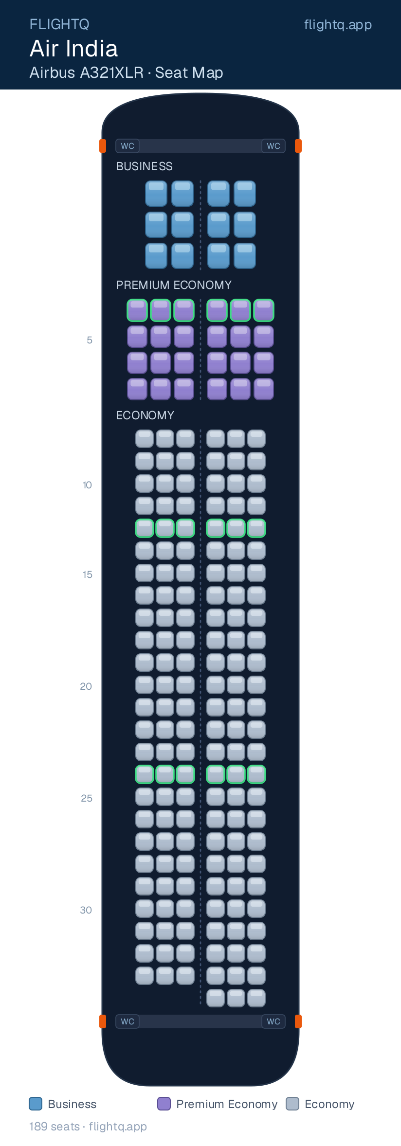 Air India Airbus A321XLR seat map with 189 seats across 3 cabins — best seats and rows to avoid