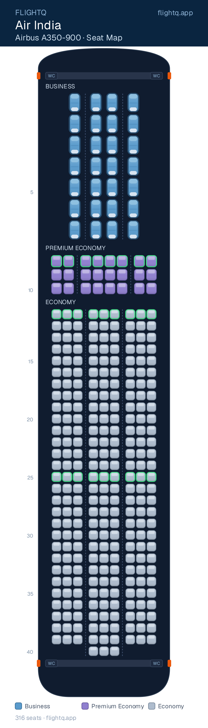 Air India Airbus A350-900 seat map with 316 seats across 3 cabins — best seats and rows to avoid