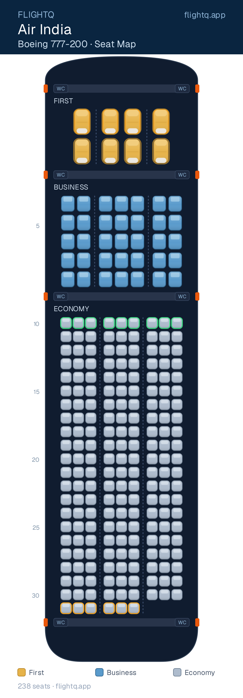 Air India Boeing 777-200 seat map with 238 seats across 3 cabins — best seats and rows to avoid