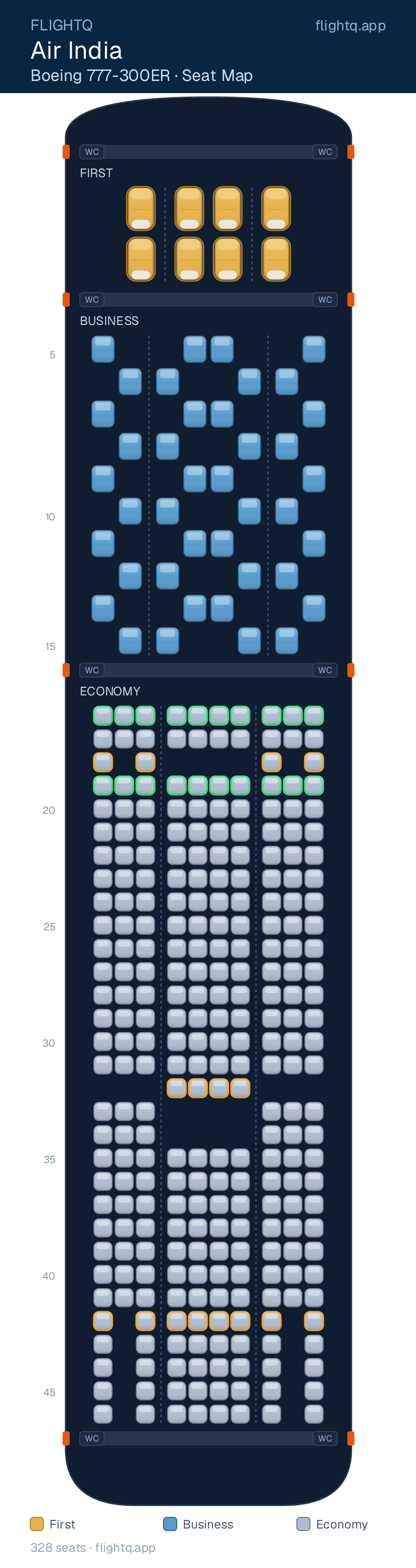 Air India Boeing 777-300ER seat map with 328 seats across 3 cabins — best seats and rows to avoid