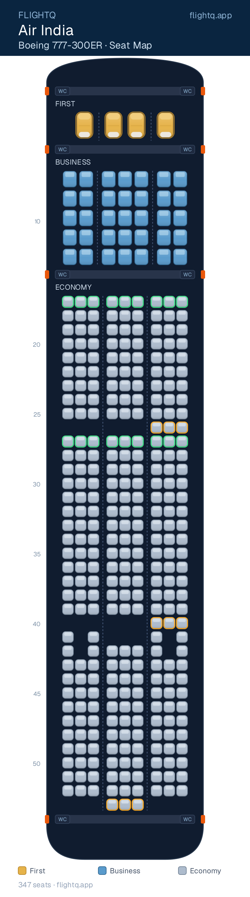 Air India Boeing 777-300ER seat map with 347 seats across 3 cabins — best seats and rows to avoid