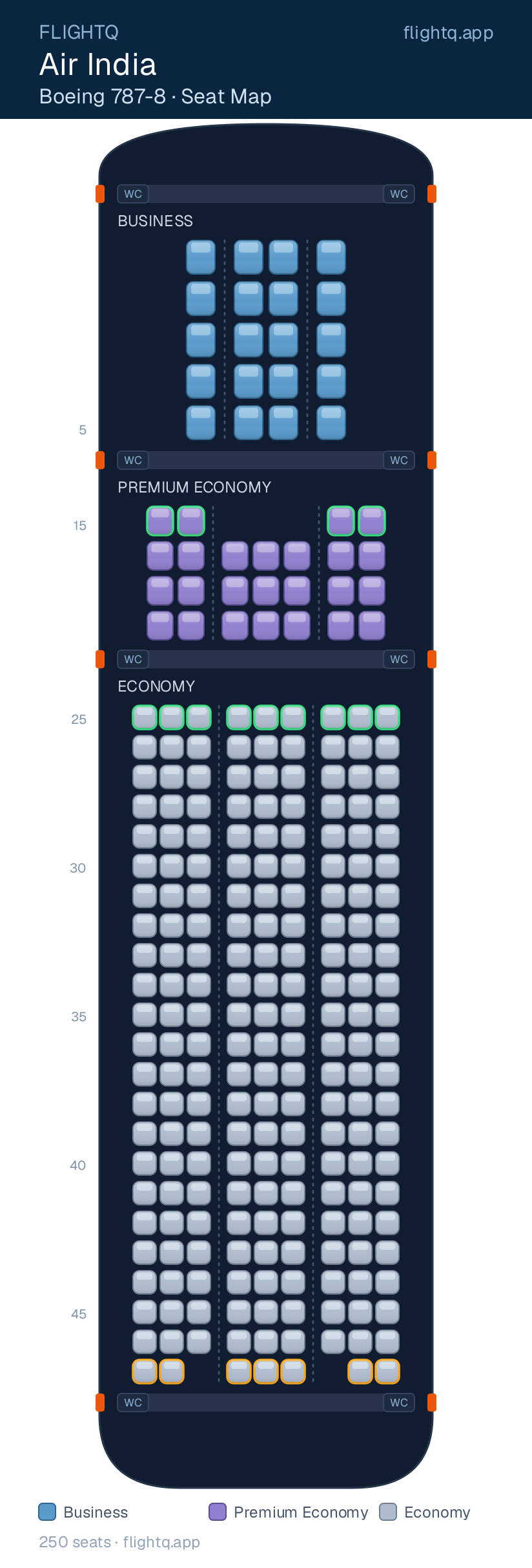 Air India Boeing 787-8 seat map with 250 seats across 3 cabins — best seats and rows to avoid