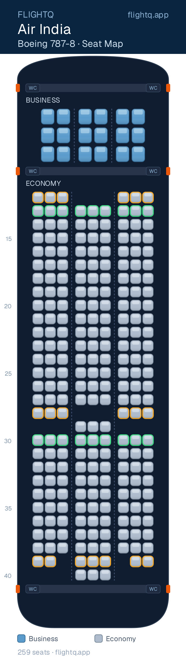 Air India Boeing 787-8 seat map with 259 seats across 2 cabins — rows to avoid
