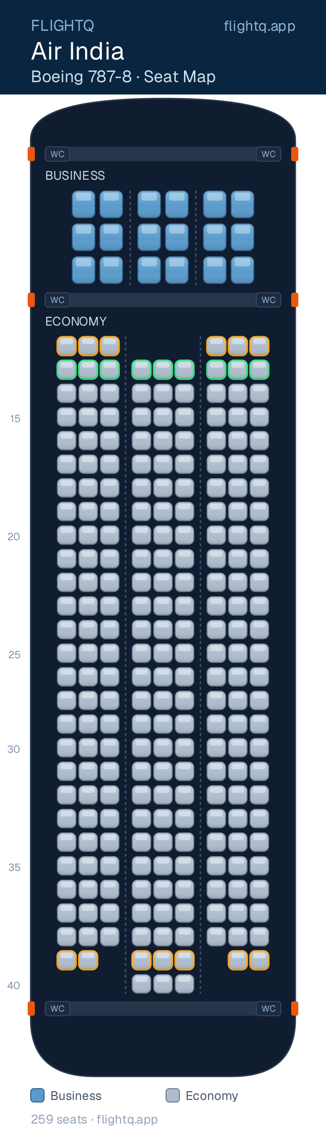 Air India Boeing 787-8 seat map with 259 seats across 2 cabins — rows to avoid