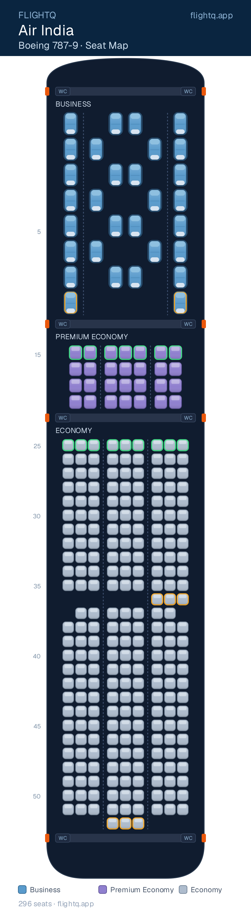 Air India Boeing 787-9 seat map with 296 seats across 3 cabins — best seats and rows to avoid