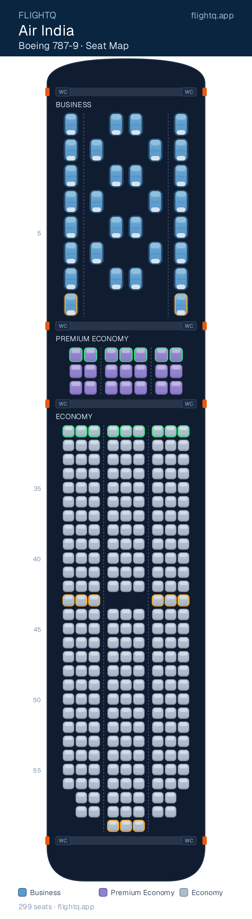 Air India Boeing 787-9 seat map with 299 seats across 3 cabins — rows to avoid