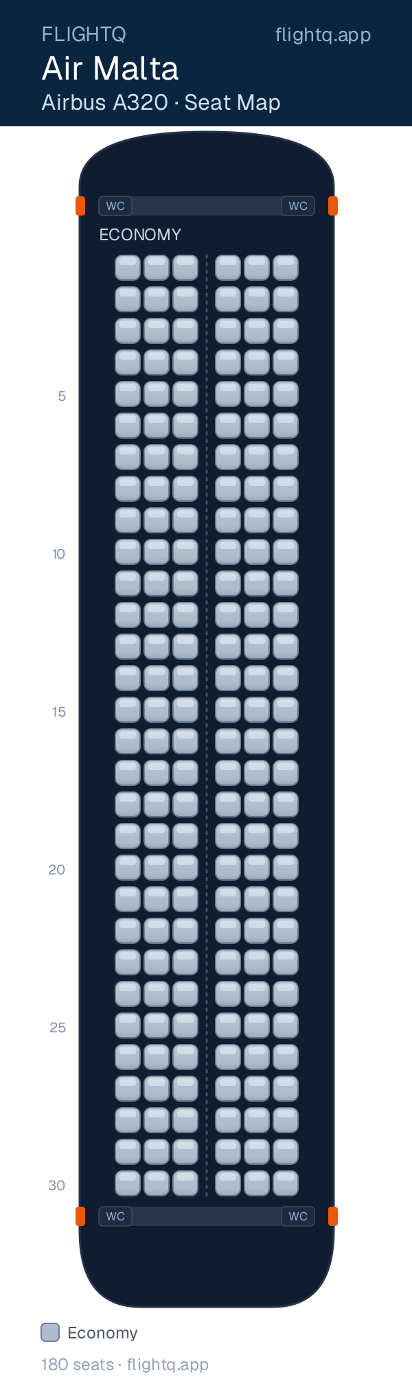 Air Malta Airbus A320 seat map with 180 seats — best seats and rows to avoid