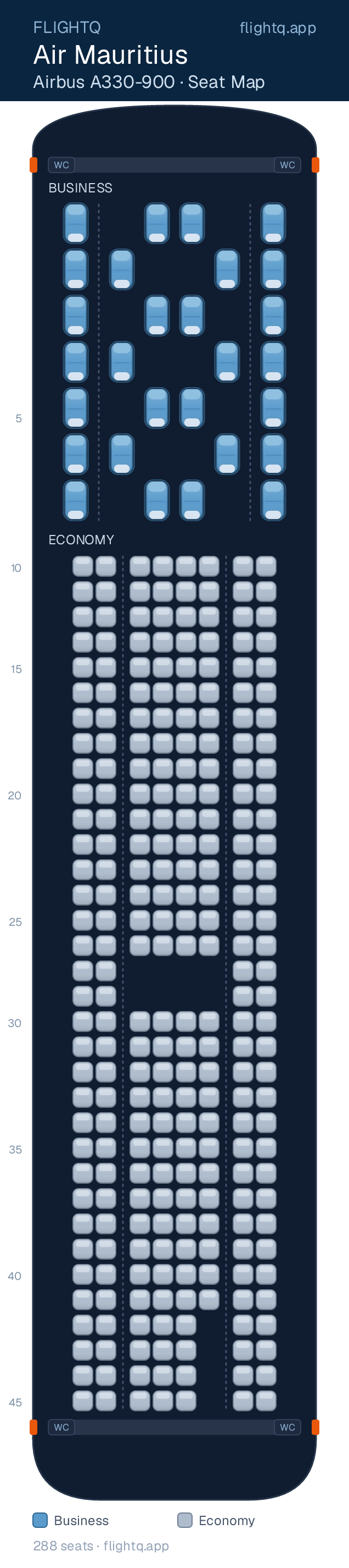 Air Mauritius Airbus A330-900 seat map with 288 seats across 2 cabins — best seats and rows to avoid