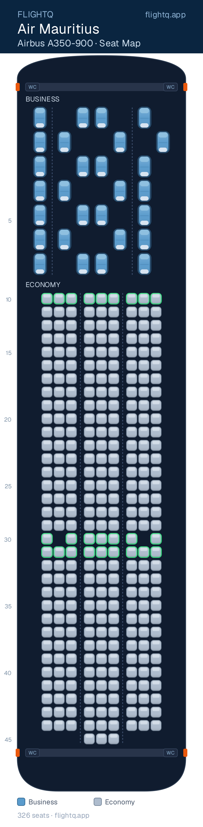 Air Mauritius Airbus A350-900 seat map with 326 seats across 2 cabins — best seats and rows to avoid