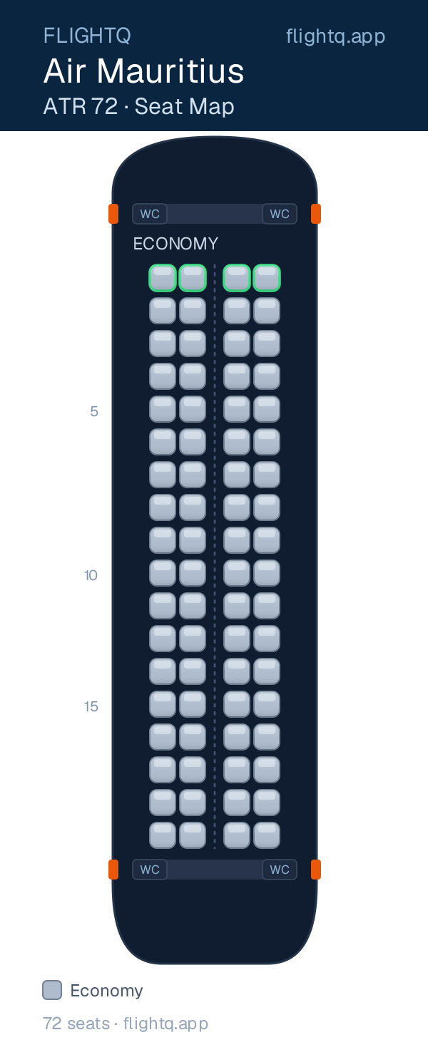 Air Mauritius ATR 72 seat map with 72 seats — seat-selection trade-offs