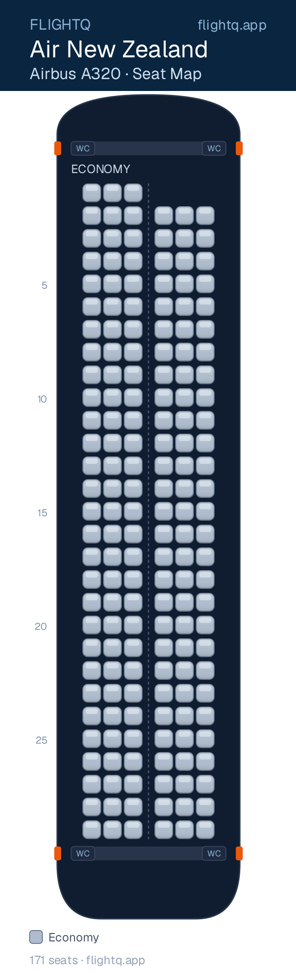Air New Zealand Airbus A320 seat map with 171 seats — best seats and rows to avoid