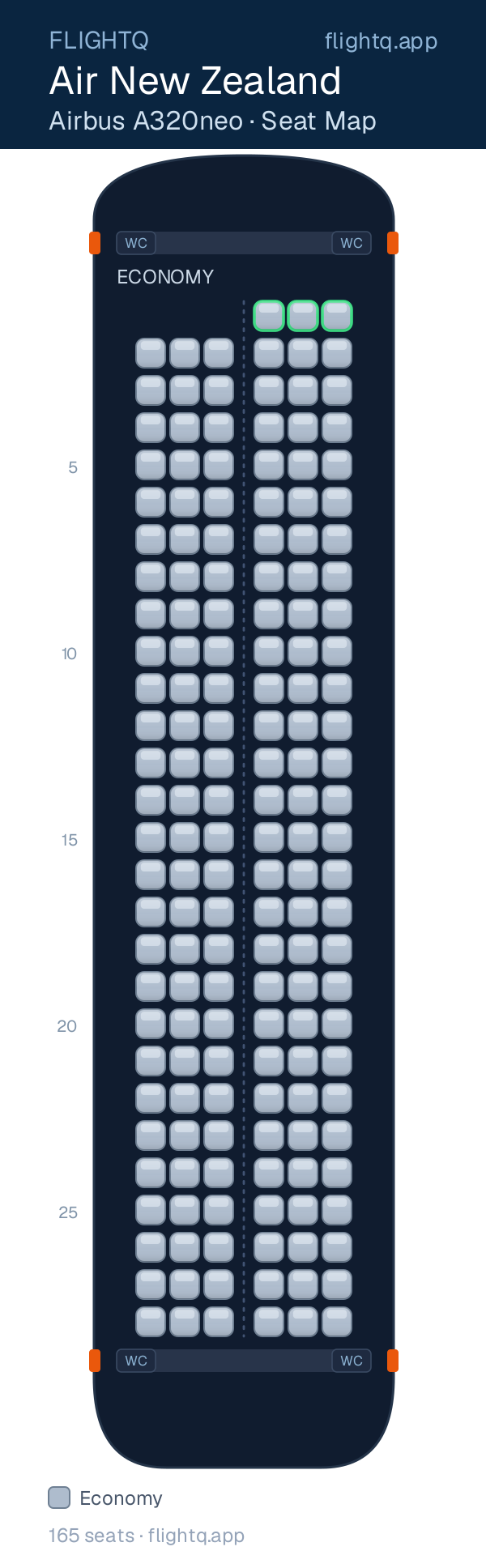 Air New Zealand Airbus A320neo seat map with 165 seats — best seats and rows to avoid